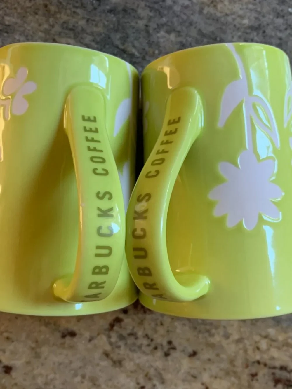 Starbucks 2007 lime green ceramic coffee mug white etched flowers lot of 2 12 oz